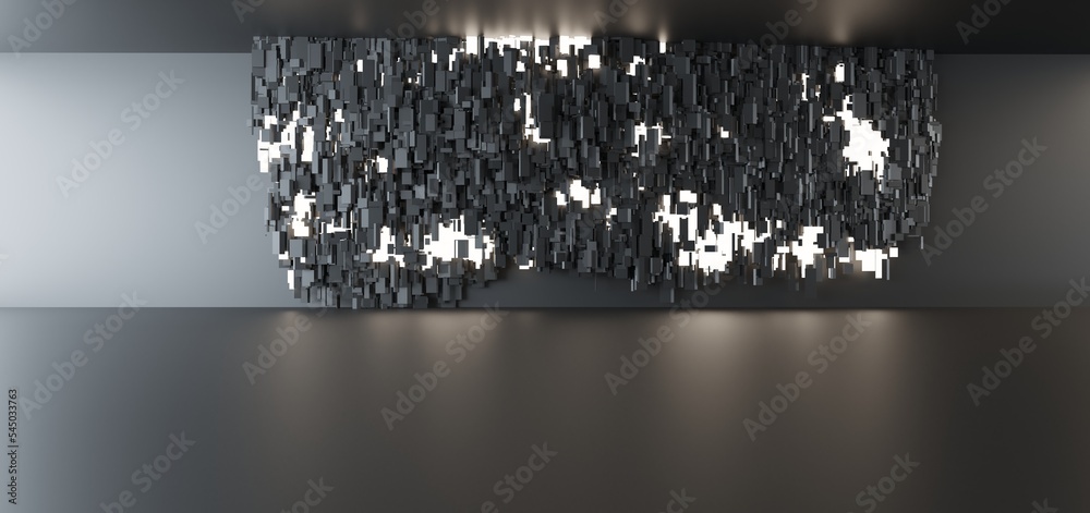 Luxury parametric abstract architectural minimalistic background. Contemporary showroom. Modern black exhibition tunnel. Empty gallery. Stand, table. Interior backlight. 3D illustration and rendering.
