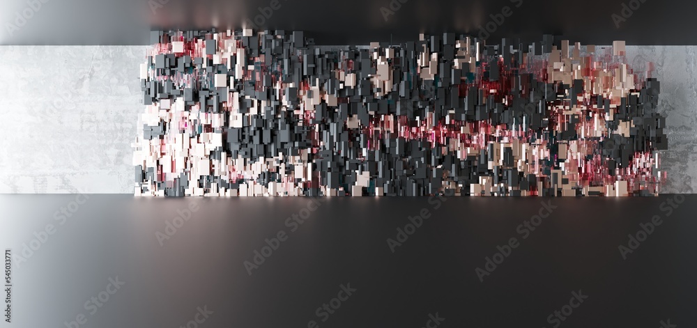 Luxury parametric abstract architectural minimalistic background. Contemporary showroom. Modern black exhibition tunnel. Empty gallery. Stand, table. Interior backlight. 3D illustration and rendering.