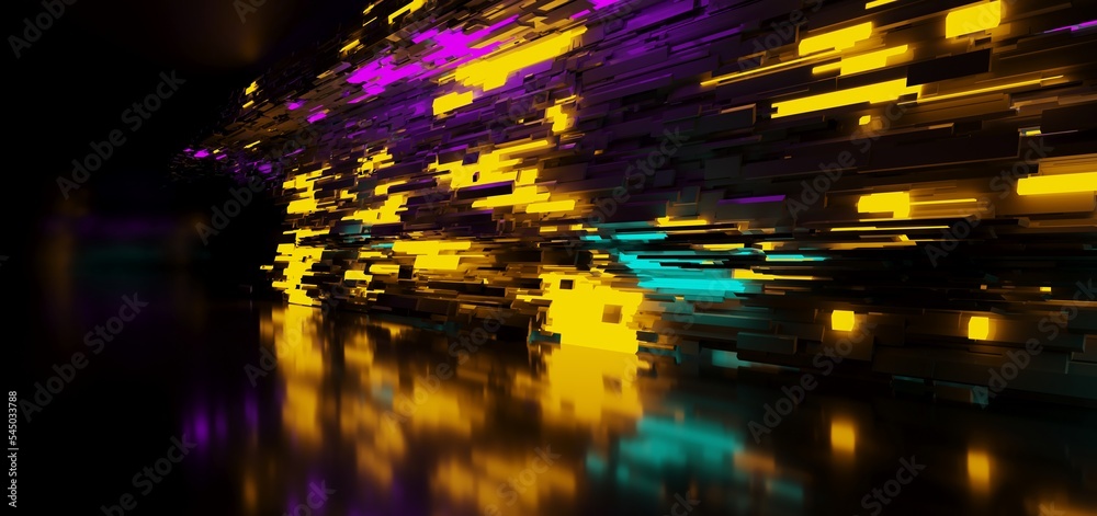 Abstract architectural minimalistic background. Laser show in the ultraviolet spectrum. Modern impulse tunnel. Futuristic space sci-fi frame neon backlight. 3D illustration and rendering.