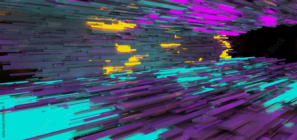 Abstract architectural minimalistic background. Laser show in the ultraviolet spectrum. Modern impulse tunnel. Futuristic space sci-fi frame neon backlight. 3D illustration and rendering.