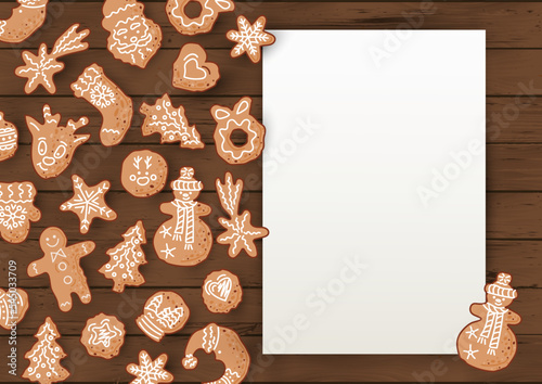 Template with gingerbread cookies for Holiday Baking Party, Invitation for Cookie decoration celebration, Cookie exchange, Christmas greeting card. Place for text.