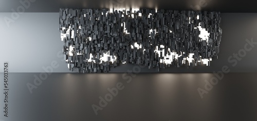 Obraz na płótnie Luxury parametric abstract architectural minimalistic background. Contemporary showroom. Modern black exhibition tunnel. Empty gallery. Stand, table. Interior backlight. 3D illustration and rendering. w salonie