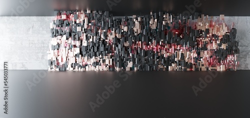 Obraz na płótnie Luxury parametric abstract architectural minimalistic background. Contemporary showroom. Modern black exhibition tunnel. Empty gallery. Stand, table. Interior backlight. 3D illustration and rendering. w salonie