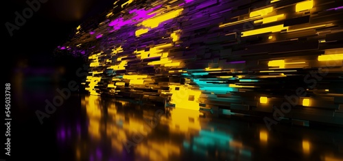 Obraz na płótnie Abstract architectural minimalistic background. Laser show in the ultraviolet spectrum. Modern impulse tunnel. Futuristic space sci-fi frame neon backlight. 3D illustration and rendering. w salonie