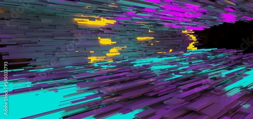 Abstract architectural minimalistic background. Laser show in the ultraviolet spectrum. Modern  impulse tunnel. Futuristic space sci-fi frame neon backlight. 3D illustration and rendering.