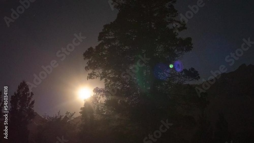Timelapse Of Full Moon Passing Behind Tree and Shining like Sun, Over Piltriquitron Hill In Patagonia, Argentina photo