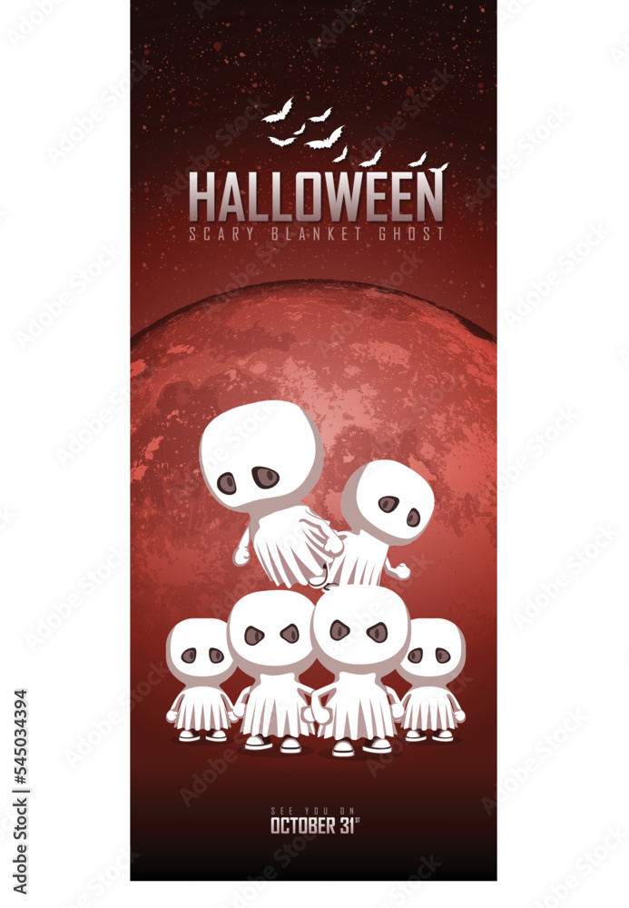 Naklejka premium Halloween party bunting and banner ads. Red background with blanket ghost character.