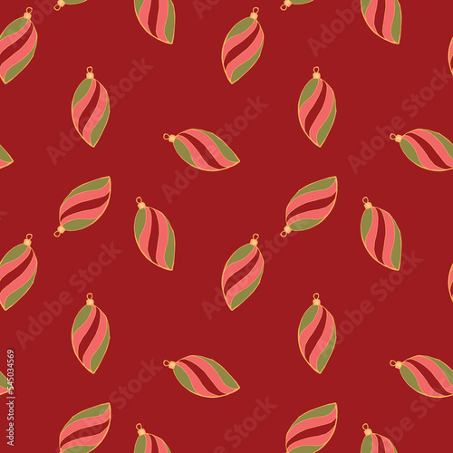Christmas and Happy New Year seamless pattern with Christmas balls and gifts. Trendy retro style. Vector design template. 