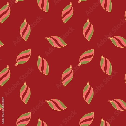 Christmas and Happy New Year seamless pattern with Christmas balls and gifts. Trendy retro style. Vector design template.
