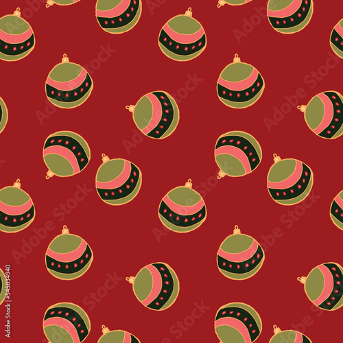 Christmas and Happy New Year seamless pattern with Christmas balls and gifts. Trendy retro style. Vector design template.
