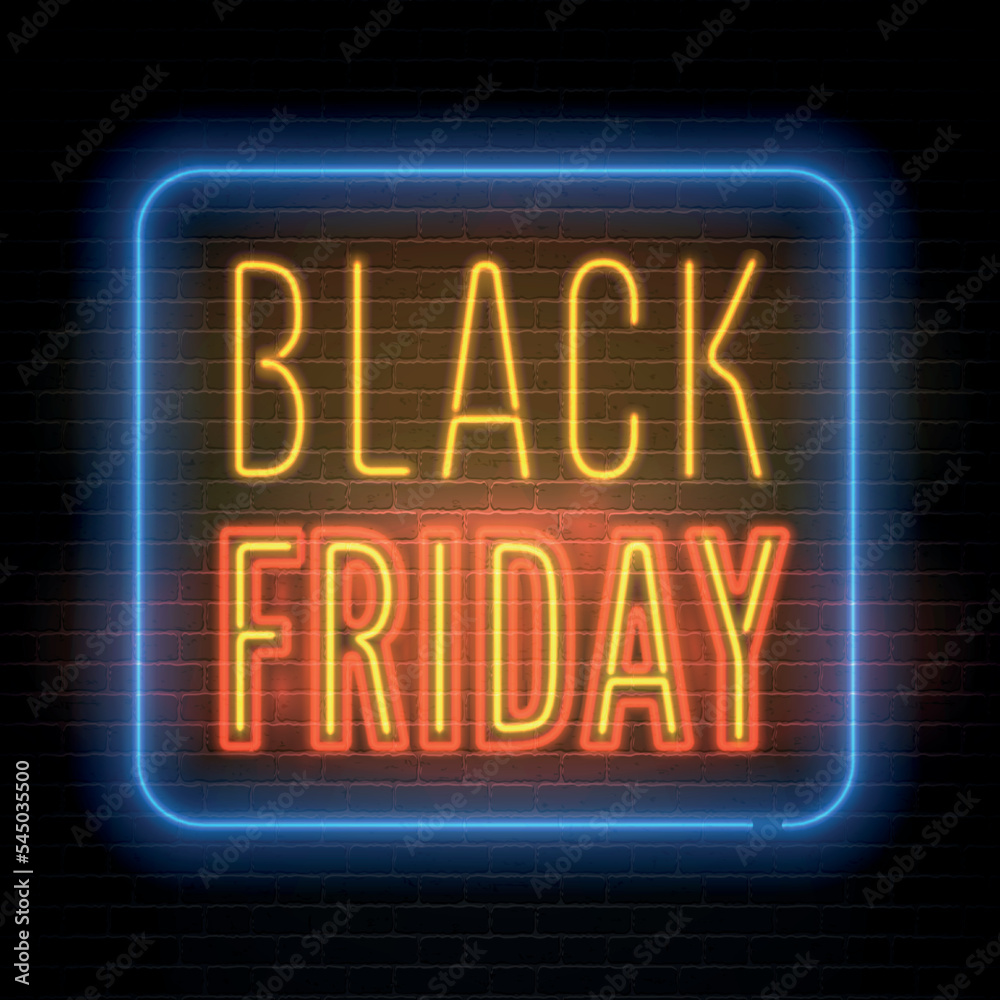 Fototapeta premium Black Friday sale retro advert neon light on dark background. Stylish discounts realistic red yellow vector letters with blue outline. Luxury store special price offer banner template.