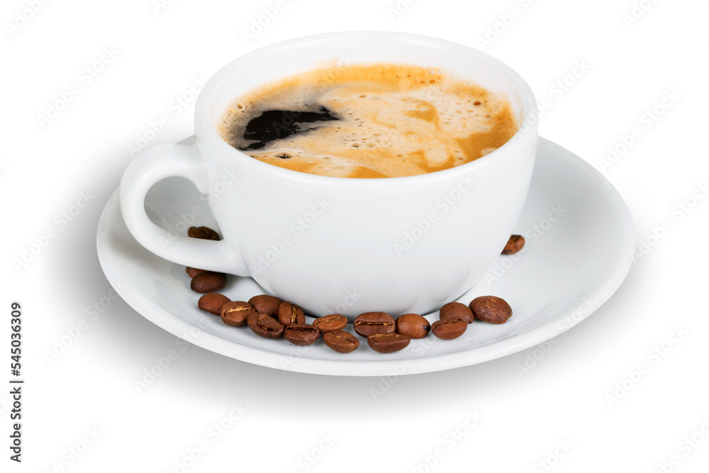 Cup of hot coffee with beans isolated on white background Cup of hot coffee with beans isolated on white background