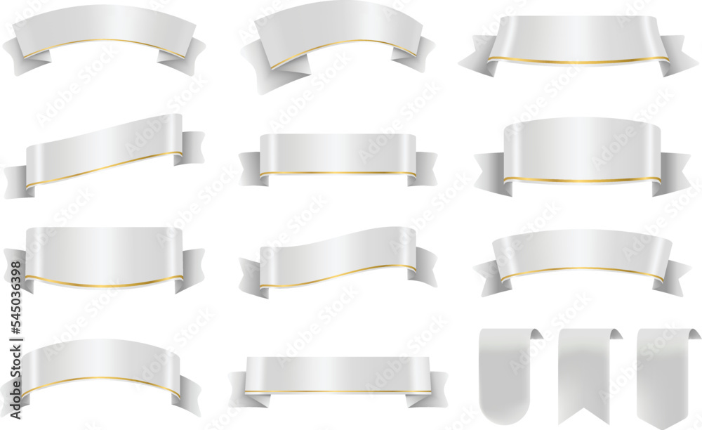 Set of White or Silver Color Ribbons and Tags isolated on white background. 3D Vector Illustration.