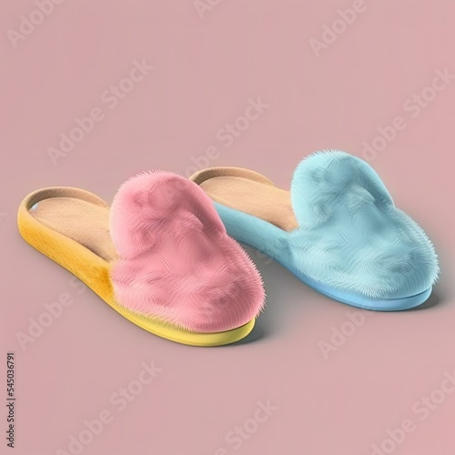 Blank colored home slippers mockup, side view, 3d rendering. Empty pink, blue and yellow fluffy flipflops house footwear mock up, isolated. Clear fabric mule or clog cozy shoes template. photo