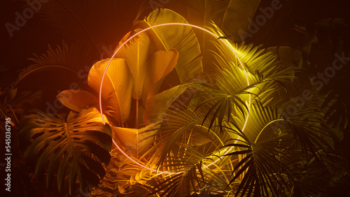 Tropical Plants Illuminated with Orange and Yellow Fluorescent Light. Jungle Environment with Circle shaped Neon Frame.