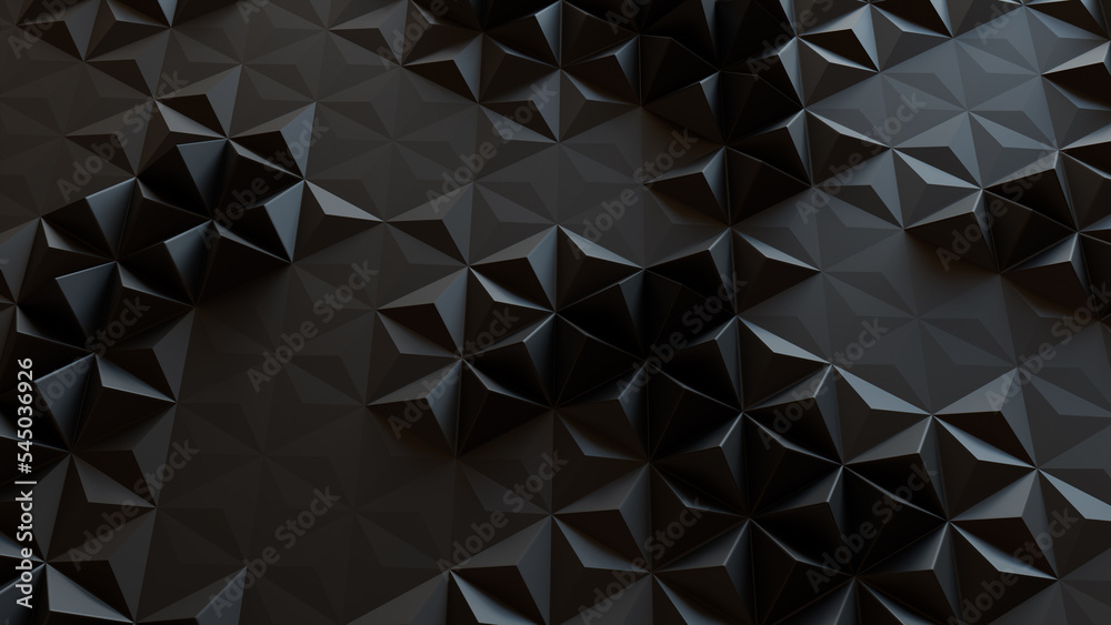 © RocknRoller Studios - Black Geometric Surface with Tetrahedrons. High Tech, Dark 3d Wallpaper.