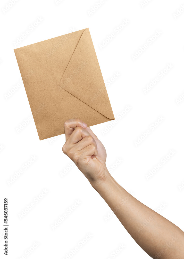 Hand holding blank brown envelope isolated on white background. Objects with clipping path and copy space. Business and finance concept