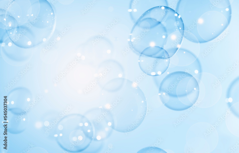 Abstract Beautiful Shiny Blue Soap Bubbles Background. Blurred, Defocus White Light. Refreshing Soap Sud Bubbles Water. 	
