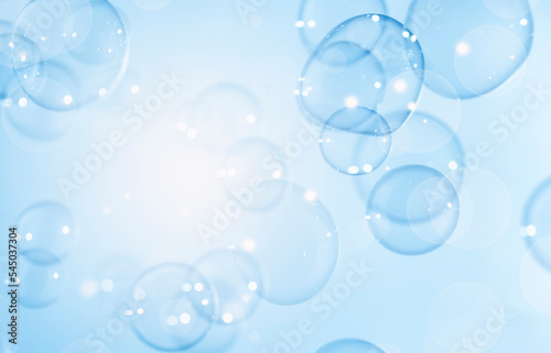 Abstract Beautiful Shiny Blue Soap Bubbles Background. Blurred  Defocus White Light. Refreshing Soap Sud Bubbles Water.   
