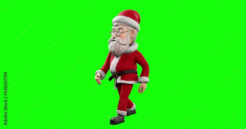 A cute, elderly Santa Claus walks about in a 3D-rendered animation that loops on a green screen. A cute, elderly Santa Claus walks about in a 3D-rendered animation that loops on a green screen.