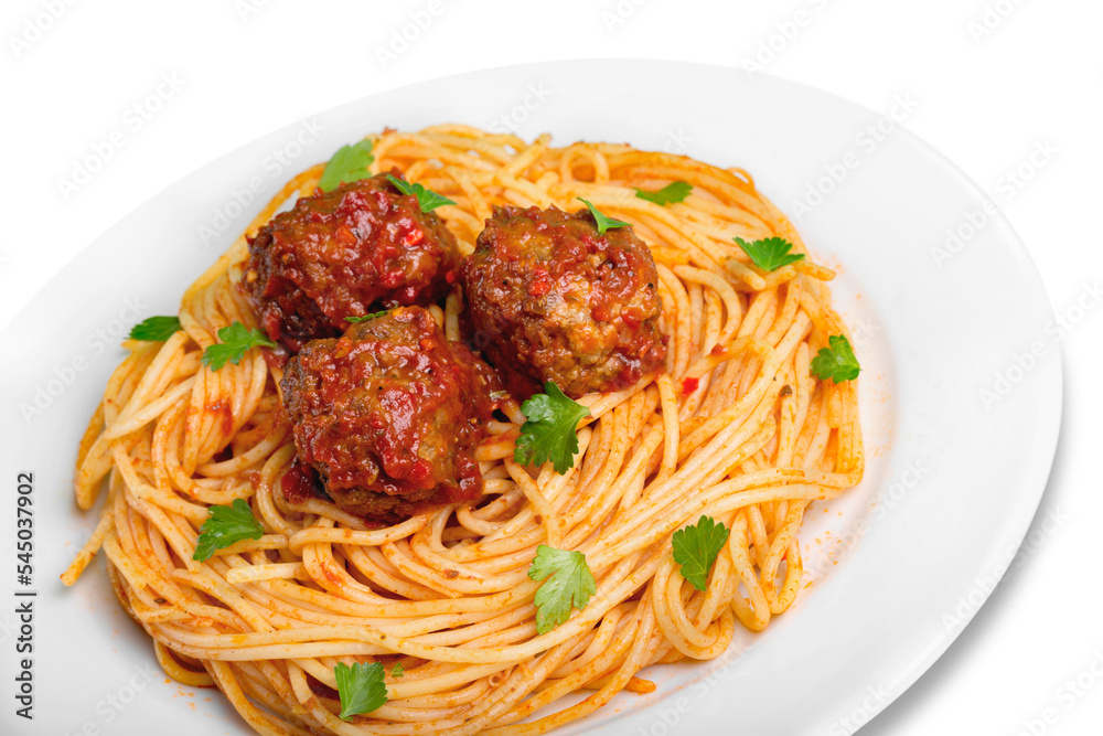 Spaghetti pasta with Meatballs and tomato sauce, cose-up view