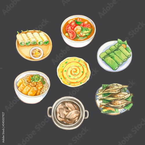 Vietnamese cuisine dishes watercolor vector illustration set.