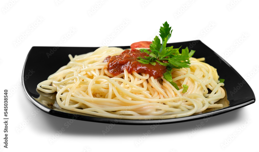 spaghetti with tomato sauce and sprinkled with cheese