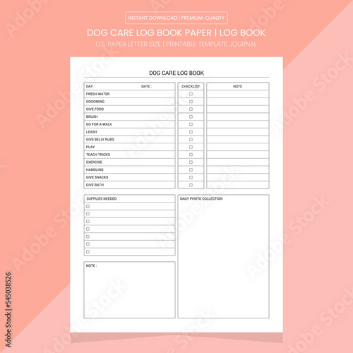 Dog Care Log Book | Dog Care Journal Printable Template