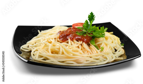spaghetti with tomato sauce and sprinkled with cheese