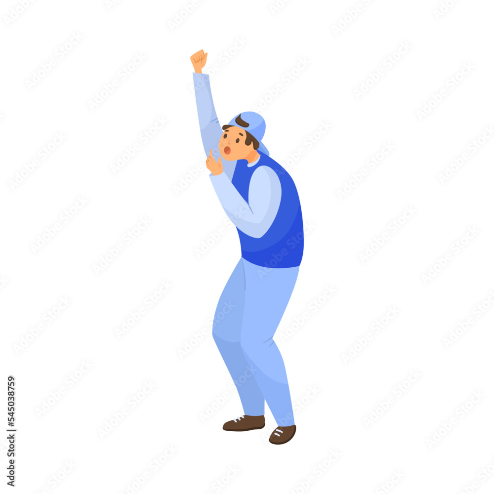Happy football male fan whistling cartoon illustration. Man cheering for football or soccer team, whistling. Sports game, crowd, support concept Happy football male fan whistling cartoon illustration. Man cheering for football or soccer team, whistling. Sports game, crowd, support concept
