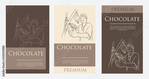label packaging design of drawing cocoa picker. banner promotion of cocoa drawing. handraw cocoa for poster