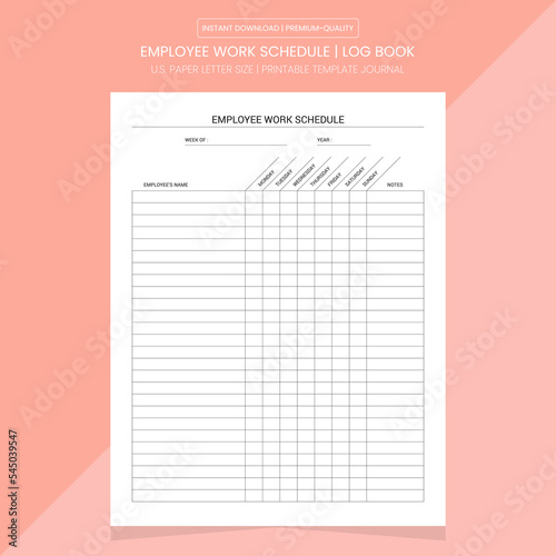 Employee Work Schedule Log Book | Employee Work Schedule Journal Notebook Printable Template
