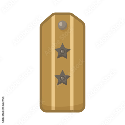 Military shoulder strap with two stars cartoon illustration. Epaulette for lieutenants, rank insignia for combat or battle isolated on white background. Army, uniform, success concept