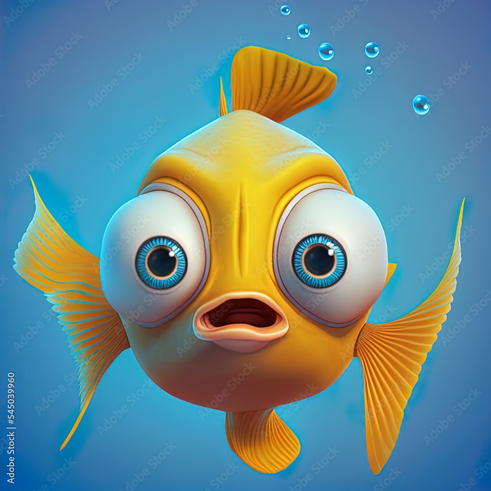 3d cartoon character of a spherical goldfish with big bulging eyes hovering  in the air on