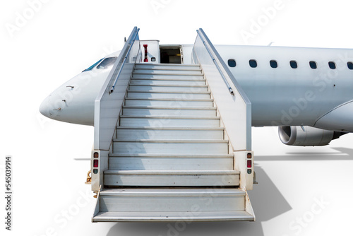 White passenger jet plane with aircraft steps isolated on transparent background