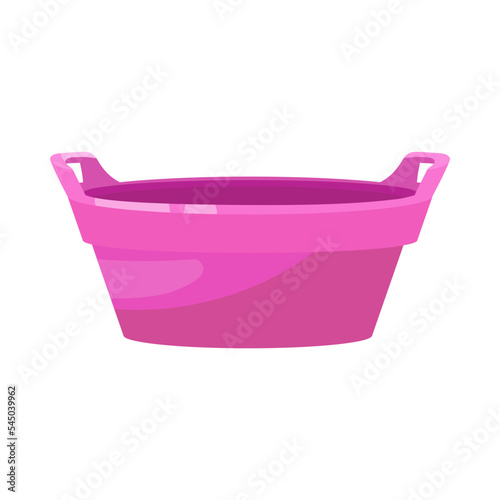 Pink plastic tub or bowl for water flat vector illustration. Washbowl for washing floors or doing laundry, dishes isolated on white background. Housekeeping or housework concept