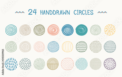 Set of 24 hand drawn colored circles, doodle style