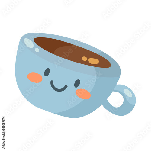 Funny cup of coffee or tea with smiling face illustration. Cute cup character. Cup of coffee or tea. Meal, morning routine concept