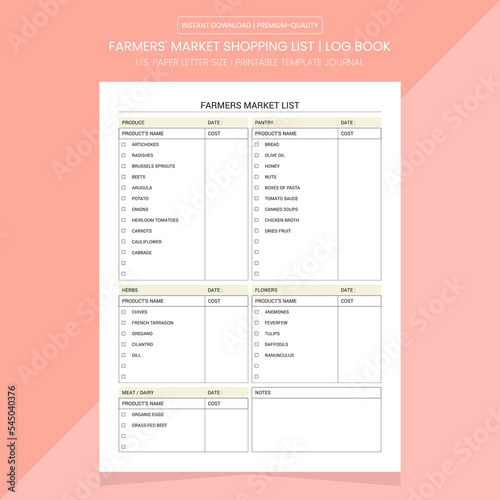 Farmers' Market Shopping List Log Book | Farmers' Market Shopping List Notebook Printable Template