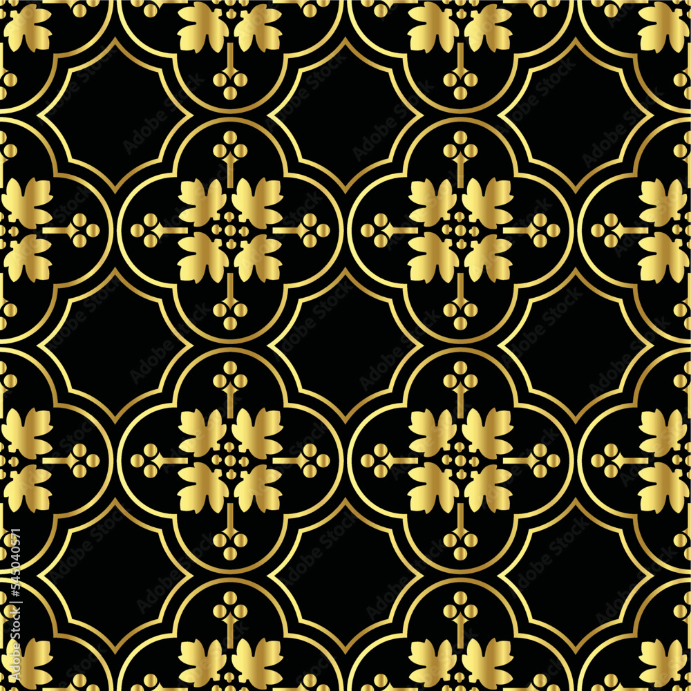 Wallpaper in the style of Baroque. Seamless vector background. Black and gold floral ornament. Graphic pattern for fabric, wallpaper, packaging.