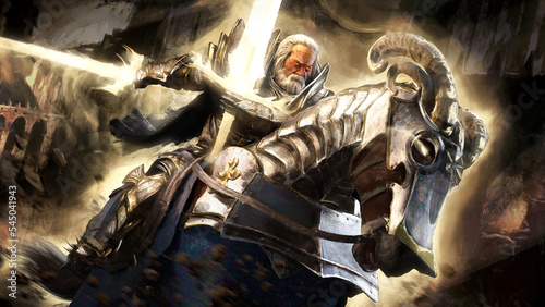 Photos old gray-haired paladin with glowing huge swords created from the energy of his soul, he rushes on an armored horse to battle, he is an experienced avant-garde fanatic with burning eyes