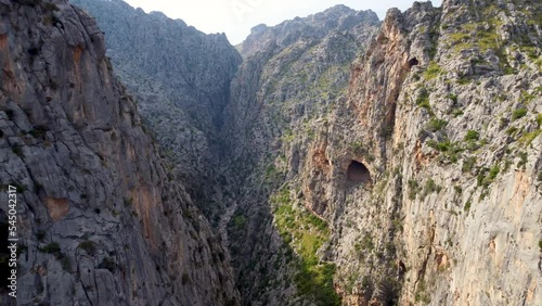 Drone flying through Tramuntana mountains, Mallorca photo