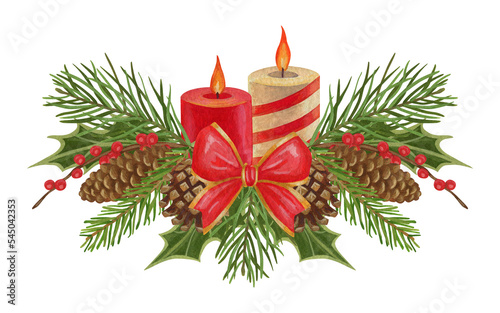 Isolated arrangement with Christmas decoration. Candle. A fir cone. Bow. Spruce branches. Holly. The print is used for packaging design, fabric. Watercolor gouache illustration.
