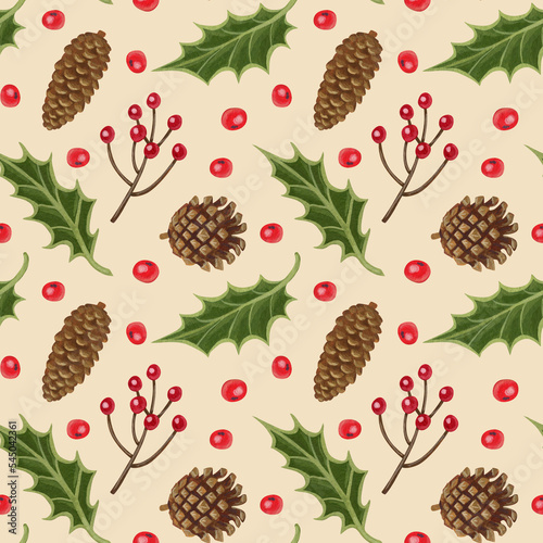 Seamless pattern with Christmas plants. A branch of a fir tree. Holly. A fir cone. Christmas berry. Watercolor and gouache illustration. The print is used for Wallpaper design, fabric, textile