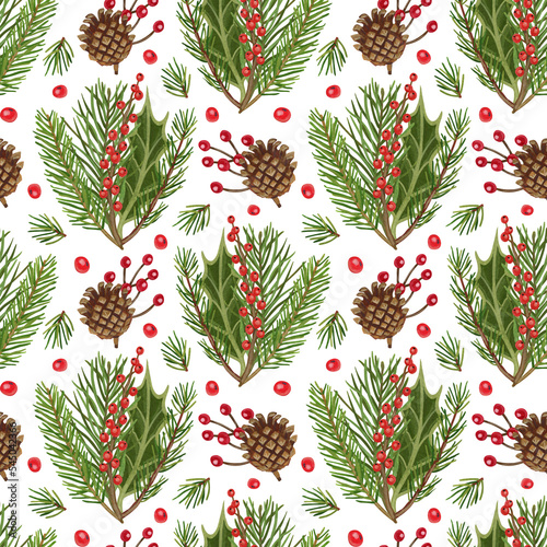 Seamless pattern with Christmas plants. A branch of a fir tree. Holly. A fir cone. Christmas berry. Watercolor and gouache illustration. The print is used for Wallpaper design, fabric, textile