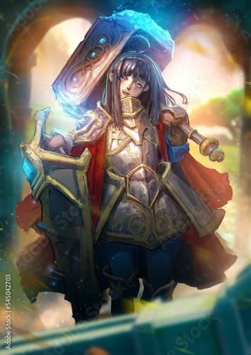 A cute black-haired paladin girl with purple eyes, in heavy gilded plate armor with an inhumanly large shield and a hammer that glows with blue crystals, she smiles kindly in a kawaii pose. 2d art