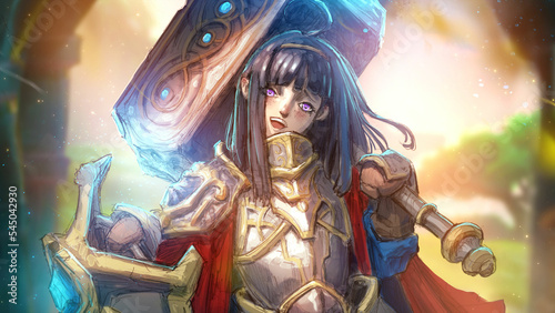 A cute black-haired paladin girl with purple eyes, in heavy gilded plate armor with an inhumanly large shield and a hammer that glows with blue crystals, she smiles kindly in a kawaii pose. 2d art