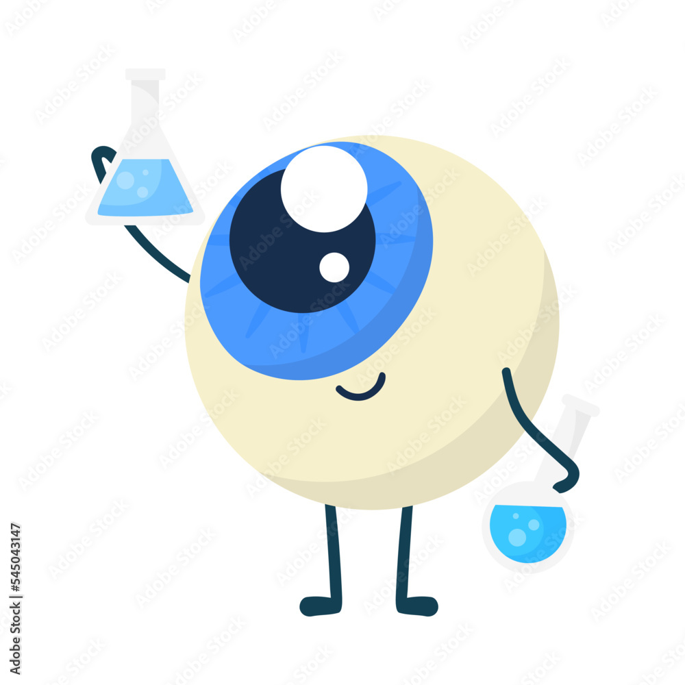Cute eyeball character with glass flasks cartoon illustration. Happy eye or human organ looking at chemicals isolated on white background. Eyesight concept Cute eyeball character with glass flasks cartoon illustration. Happy eye or human organ looking at chemicals isolated on white background. Eyesight concept