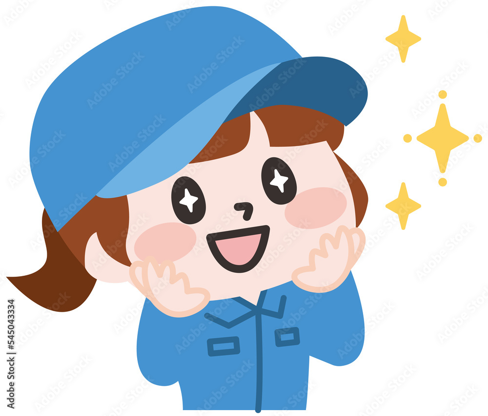 目を輝かせる作業着の女性スタッフ