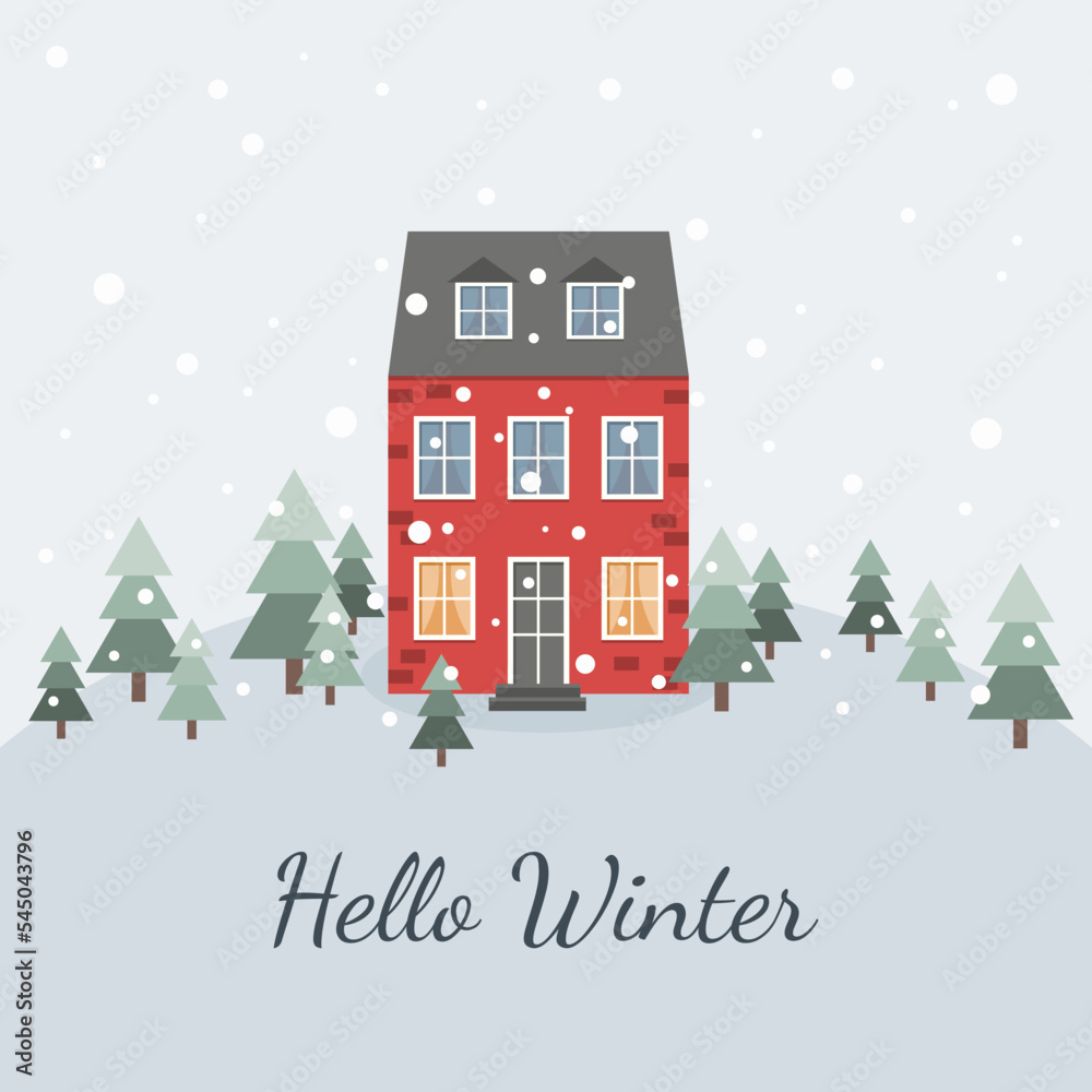 Red house and snowfall. Winter greeting card.